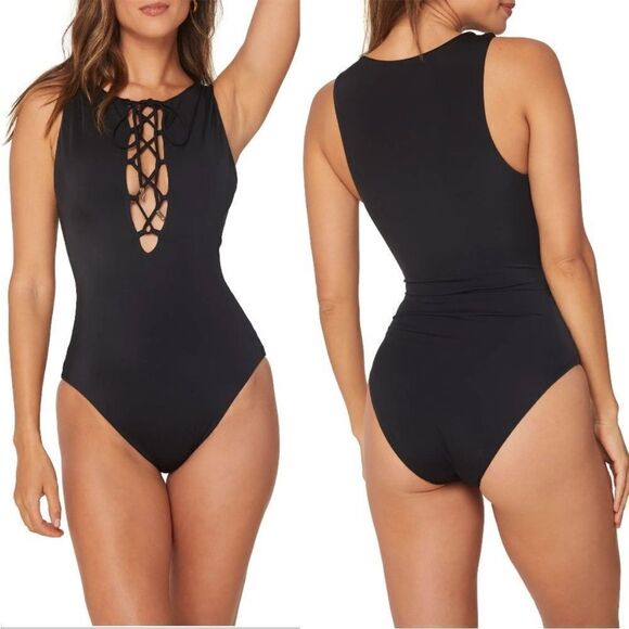 Andie Swim Oahu Lace-Up One Piece SWIMSUIT M MT medium Torso Black NEW $112 - Picture 3 of 8